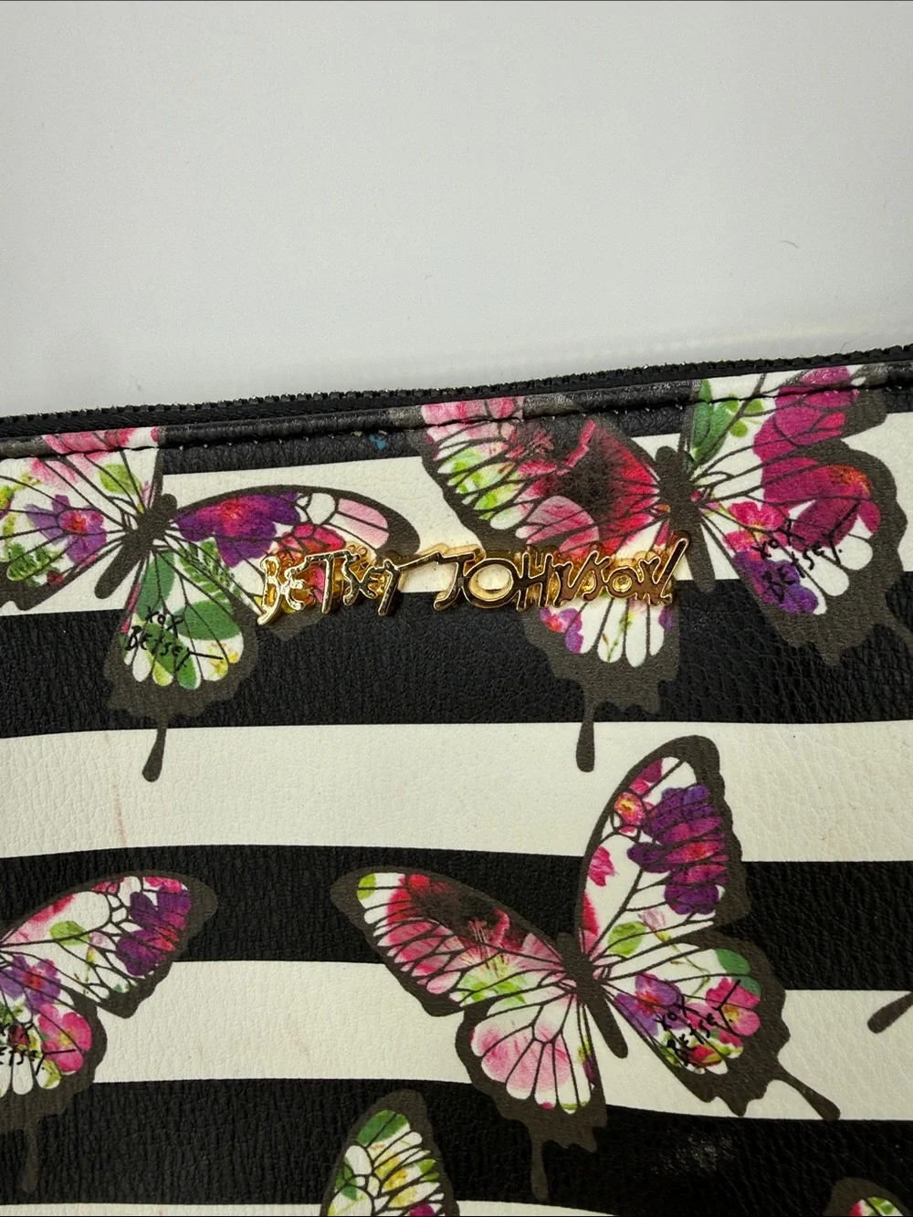 Betsey Johnson Butterfly Stripe Wristlet - Black & White with Pink Accents